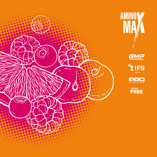 Aminox Max supplement packaging with pink fruit illustrations on an orange background