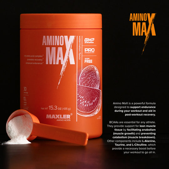 Maxler Amino Max supplement container with scoop on a dark background