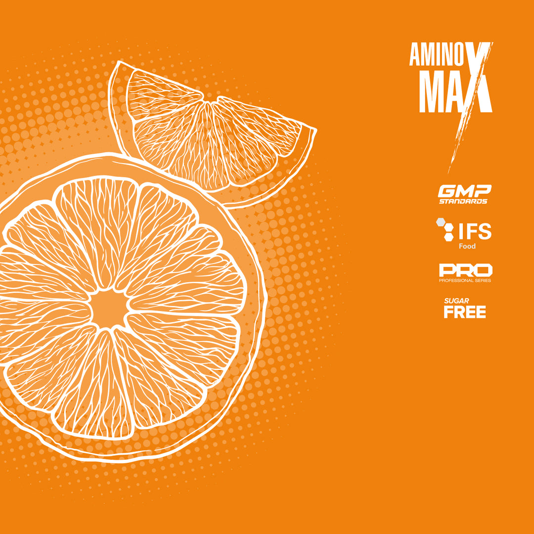 Orange slices with Aminov Max supplement branding on an orange background