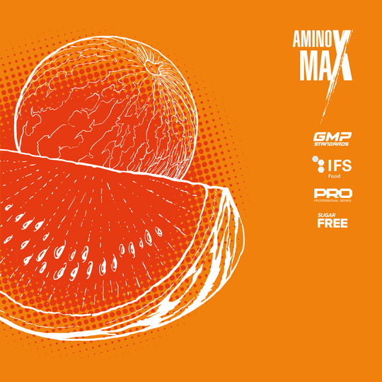 Illustration of a watermelon cut in half on an orange background with 'AMINO MAX' branding.
