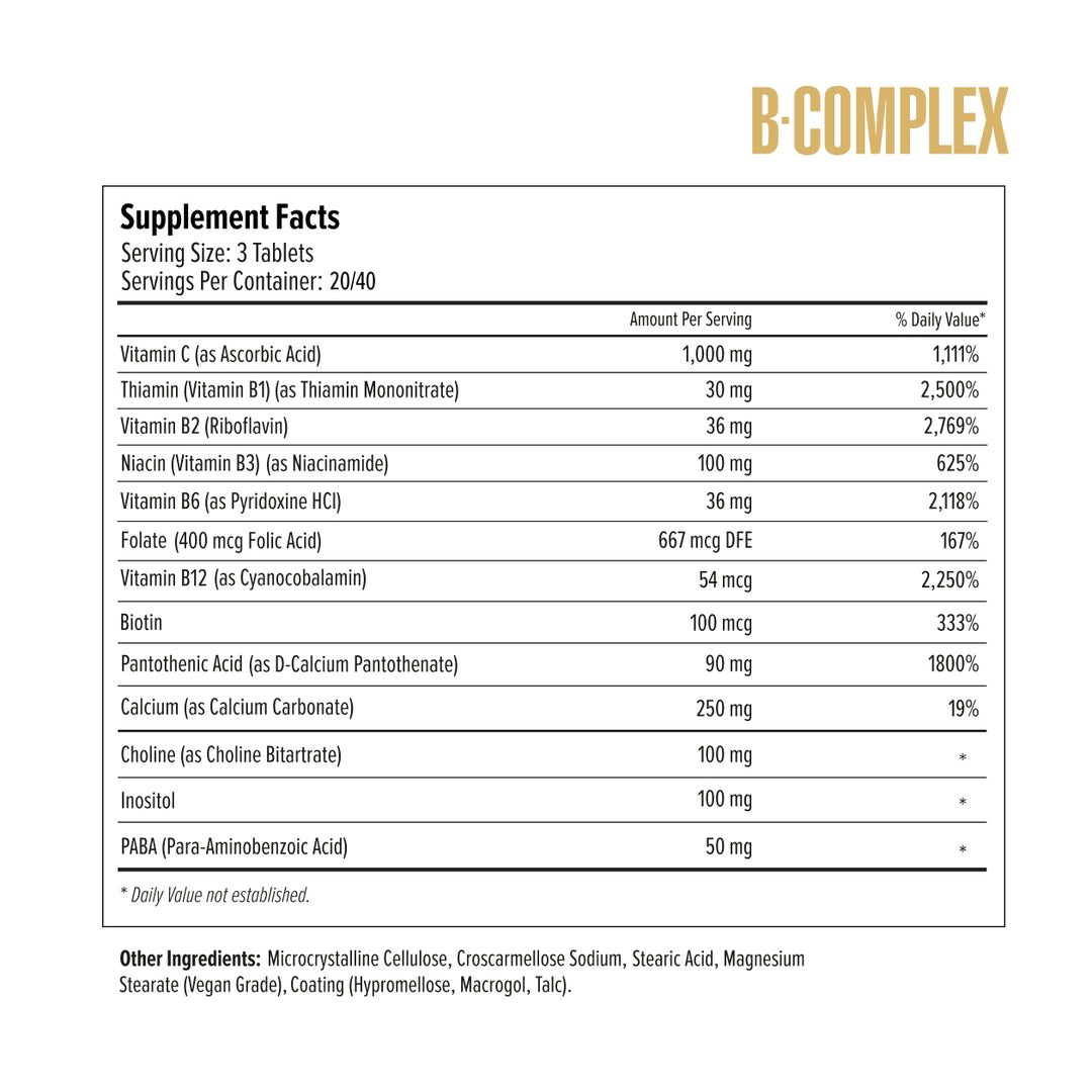 Supplement facts label for a B-complex supplement on a white background