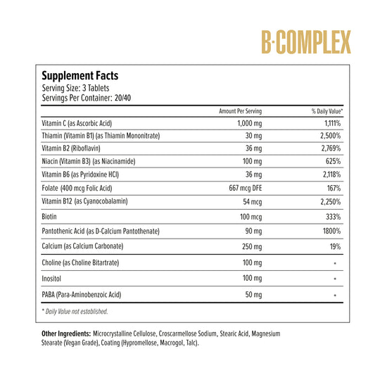Supplement facts label for a B-complex supplement on a white background