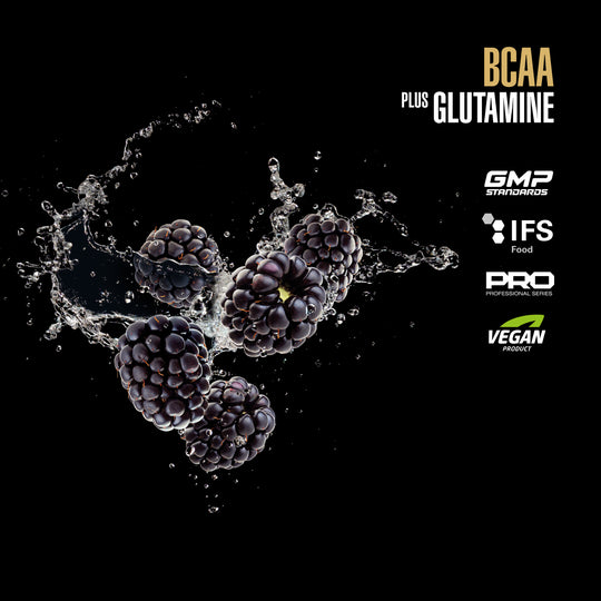Blackberries with water splash on a black background, featuring BCAA and Glutamine supplement branding.