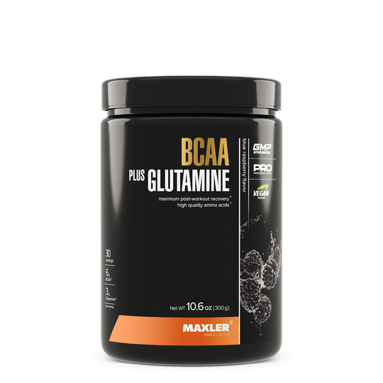 Black supplement container labeled 'BCAA Plus Glutamine' by Maxler on a white background