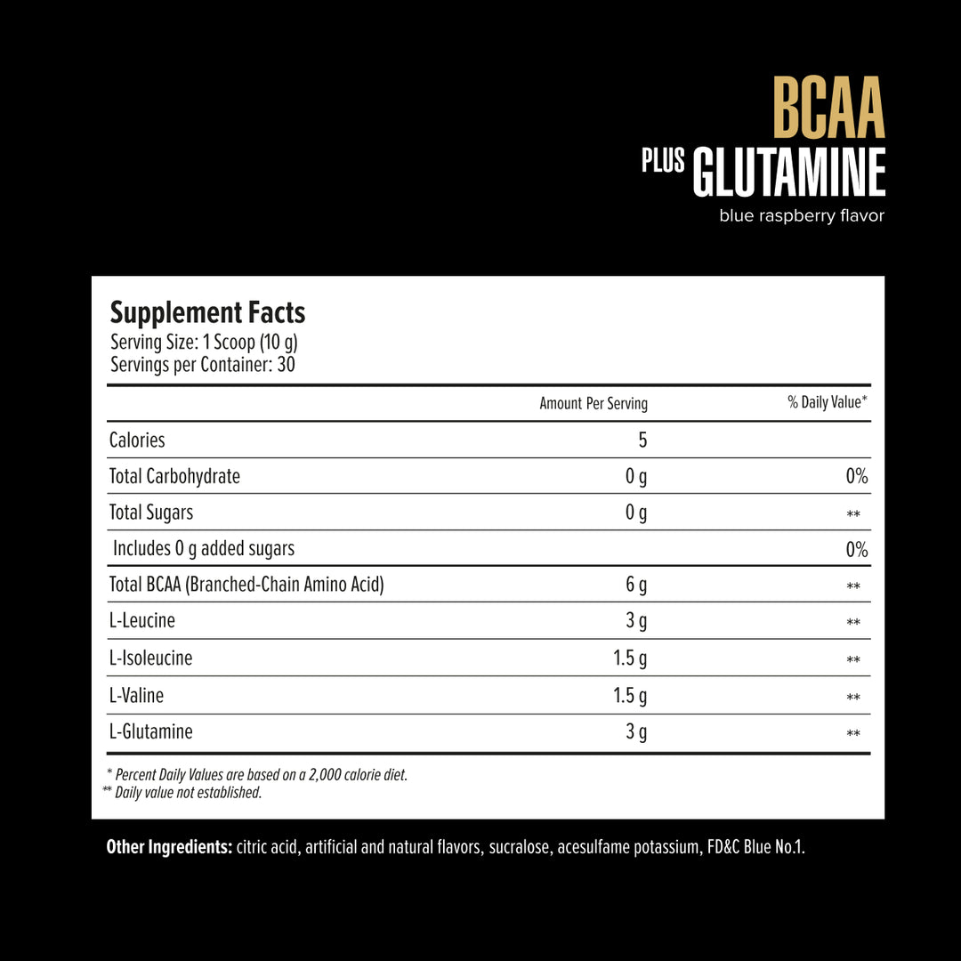Supplement facts label for BCAA plus Glutamine with blue raspberry flavor on a black background.