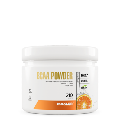 Maxler BCAA Powder container with orange flavor on a white background