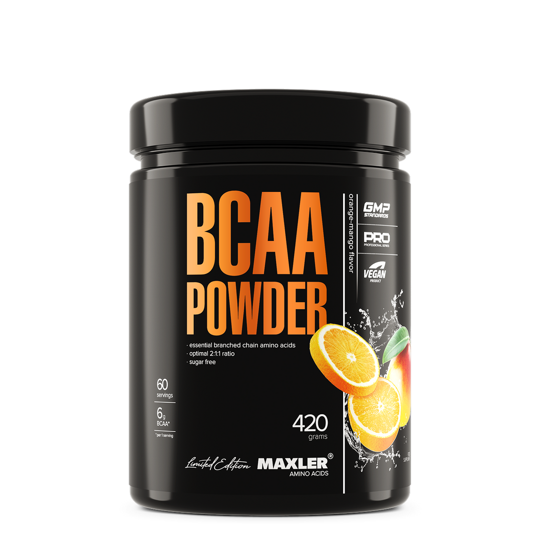 Maxler BCAA Pulver Orange-Mango, glänzende schwarze 420-g-Dose