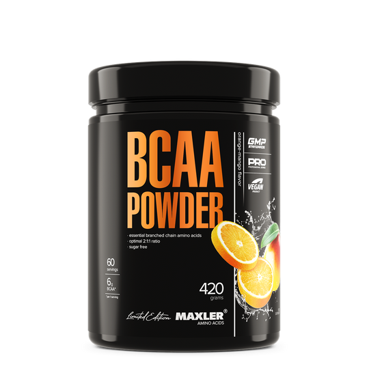 Maxler BCAA Pulver Orange-Mango, glänzende schwarze 420-g-Dose