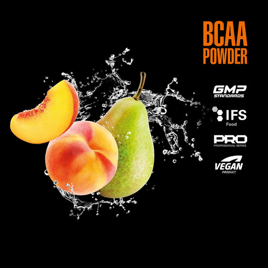Fruits with water splash and BCAA powder branding on a black background