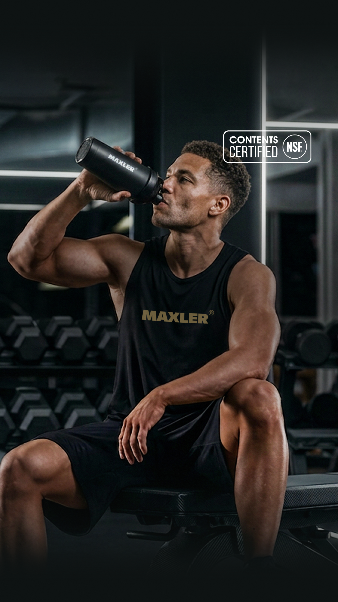 Maxler athlete drinking from a shaker in a gym with NSF Contents Certified logo