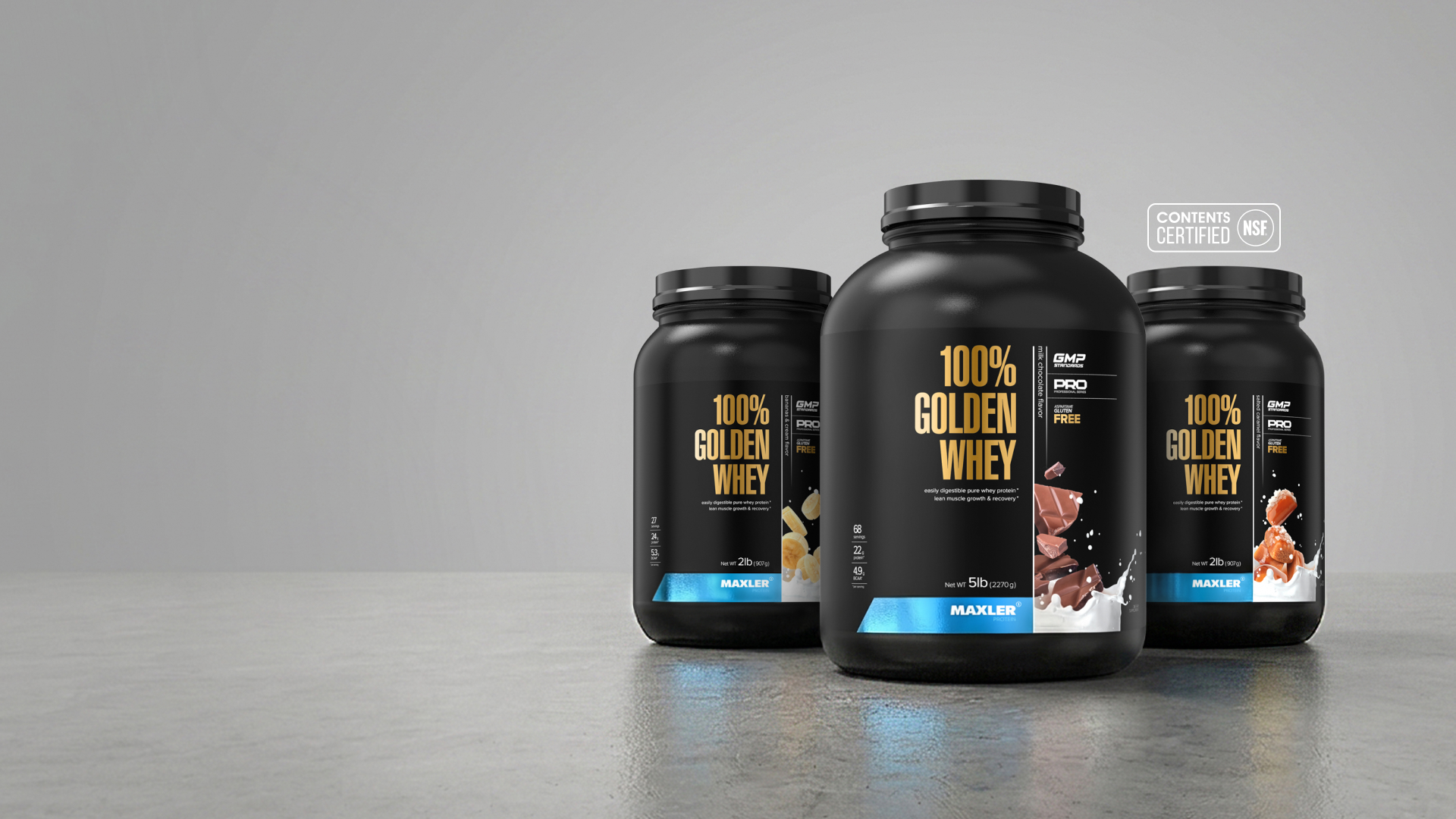 Three Maxler 100% Golden Whey protein powder tubs with NSF Contents Certified logo