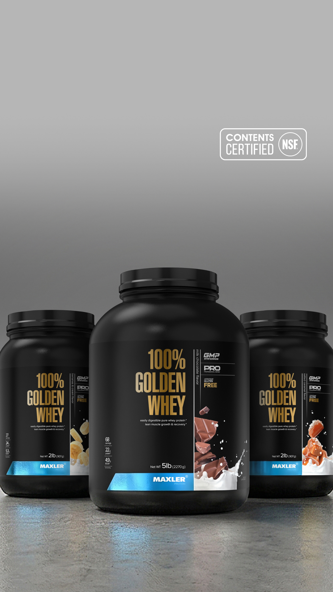 Three Maxler 100% Golden Whey protein powder tubs with NSF Contents Certified logo