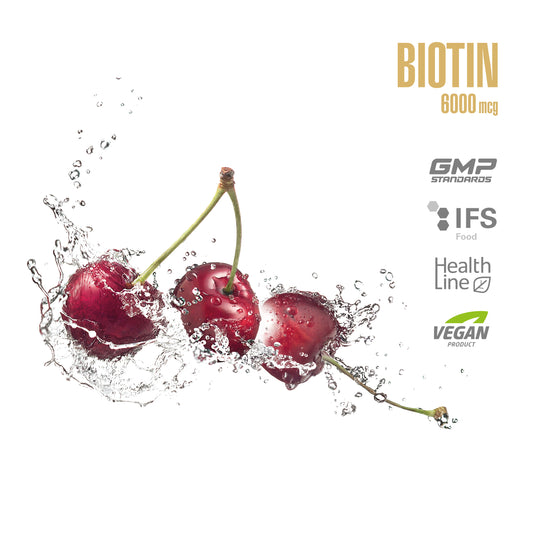 Cherries splashing in water with biotin supplement branding on a white background