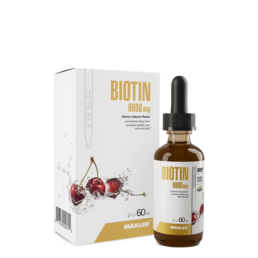 Biotin supplement bottle and packaging with cherry flavor on a white background