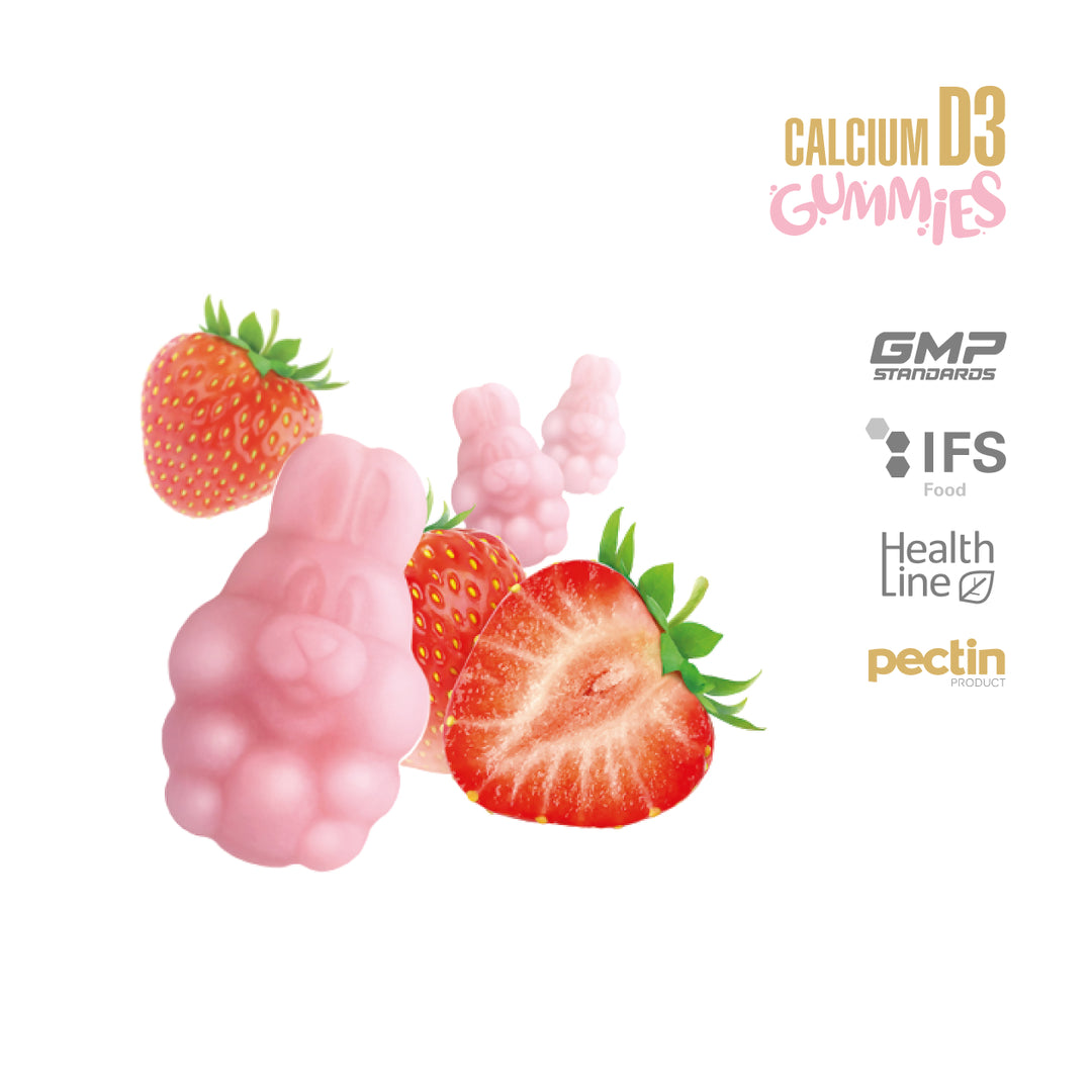 Pink gummy bears with strawberries on a white background, featuring certification logos.