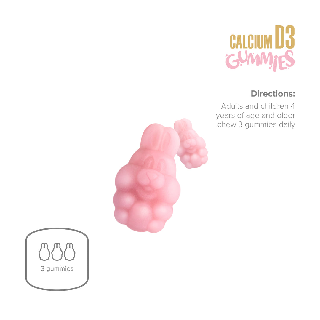 Pink gummy supplement with directions and branding on a white background