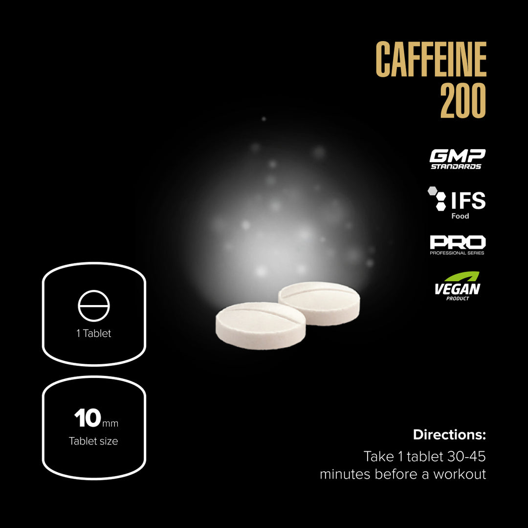 Caffeine supplement packaging with tablets on a black background, featuring certification logos and directions.