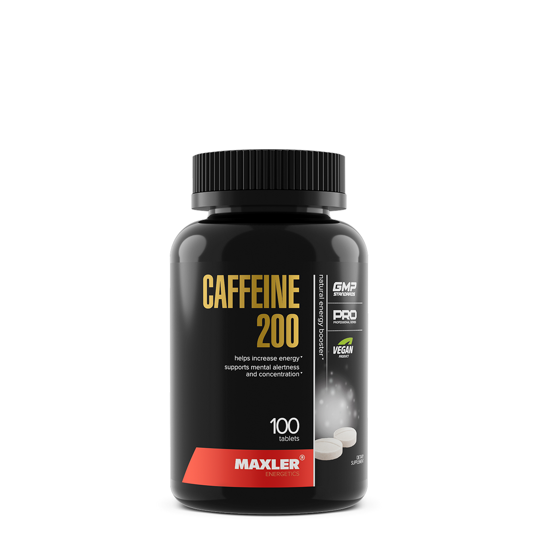 Black supplement bottle labeled 'Caffeine 200' by Maxler on a white background