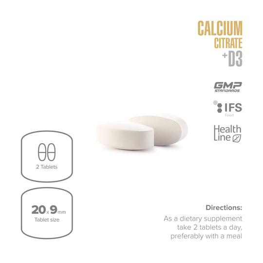 Calcium citrate supplement with tablets on a white background, featuring certification logos and dietary information.