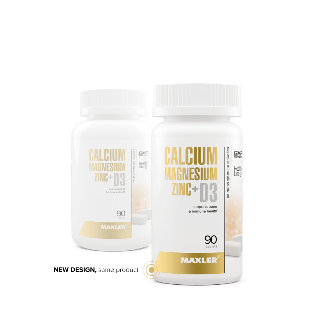 Two bottles of Maxler Calcium Magnesium Zinc + D3 supplement on a white background