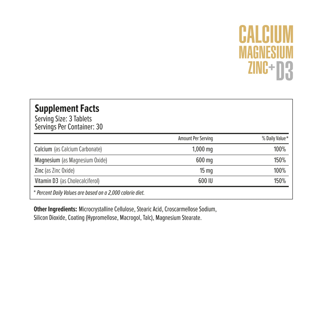 Supplement facts label for Calcium Magnesium Zinc+D3 on a white background