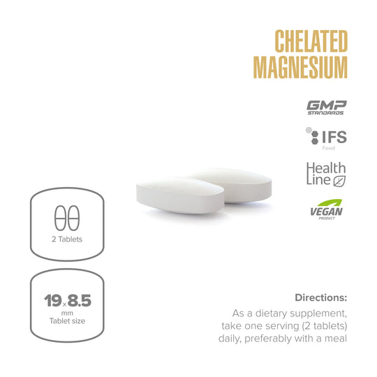 Supplement packaging with chelated magnesium tablets, size, and dietary information on a white background.
