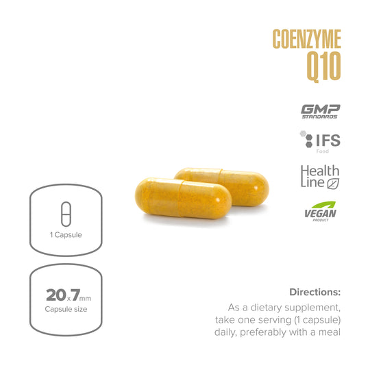 Coenzyme Q10 capsules with product details on a white background