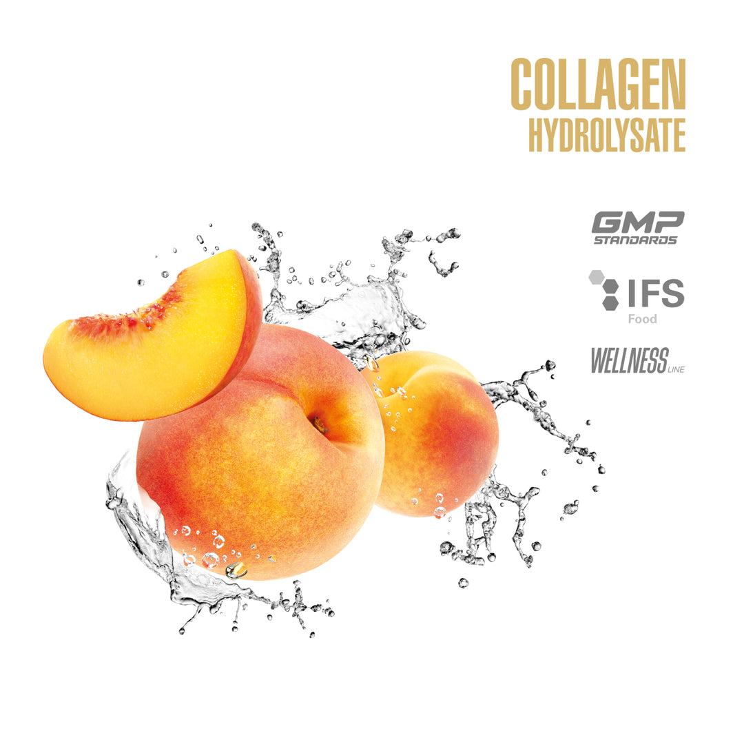 Peaches and a water splash graphic for Collagen Hydrolysate, with GMP Standards and IFS Food logos.