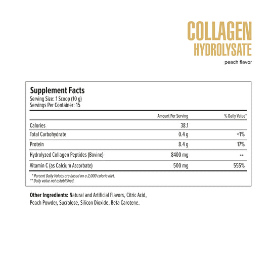 Supplement Facts for Collagen Hydrolysate Peach, showing a 10 g serving and 15 servings per container.