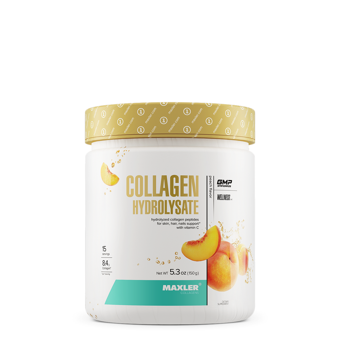 MAXLER Collagen Hydrolysate with Vitamin C, Peach flavor, 150 g container with a gold lid.