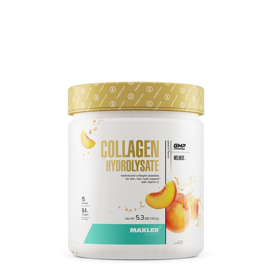 MAXLER Collagen Hydrolysate with Vitamin C, Peach flavor, 150 g container with a gold lid.