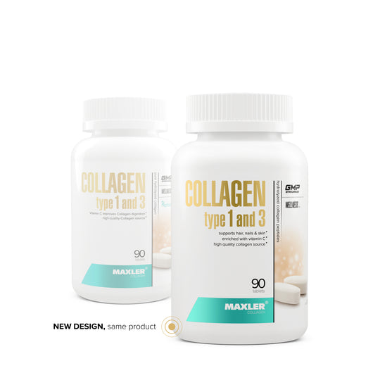 Two bottles of Maxler Collagen Type 1 and 3 on a white background