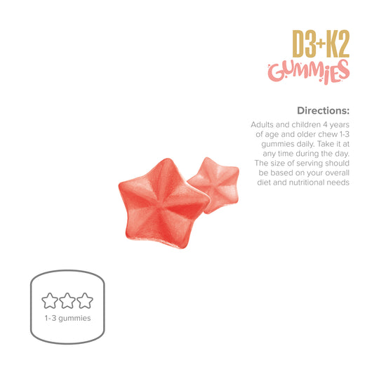 Star-shaped gummies with D3+K2 branding and usage instructions on a white background