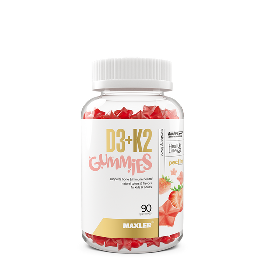 Bottle of D3+K2 Gummies with a white background