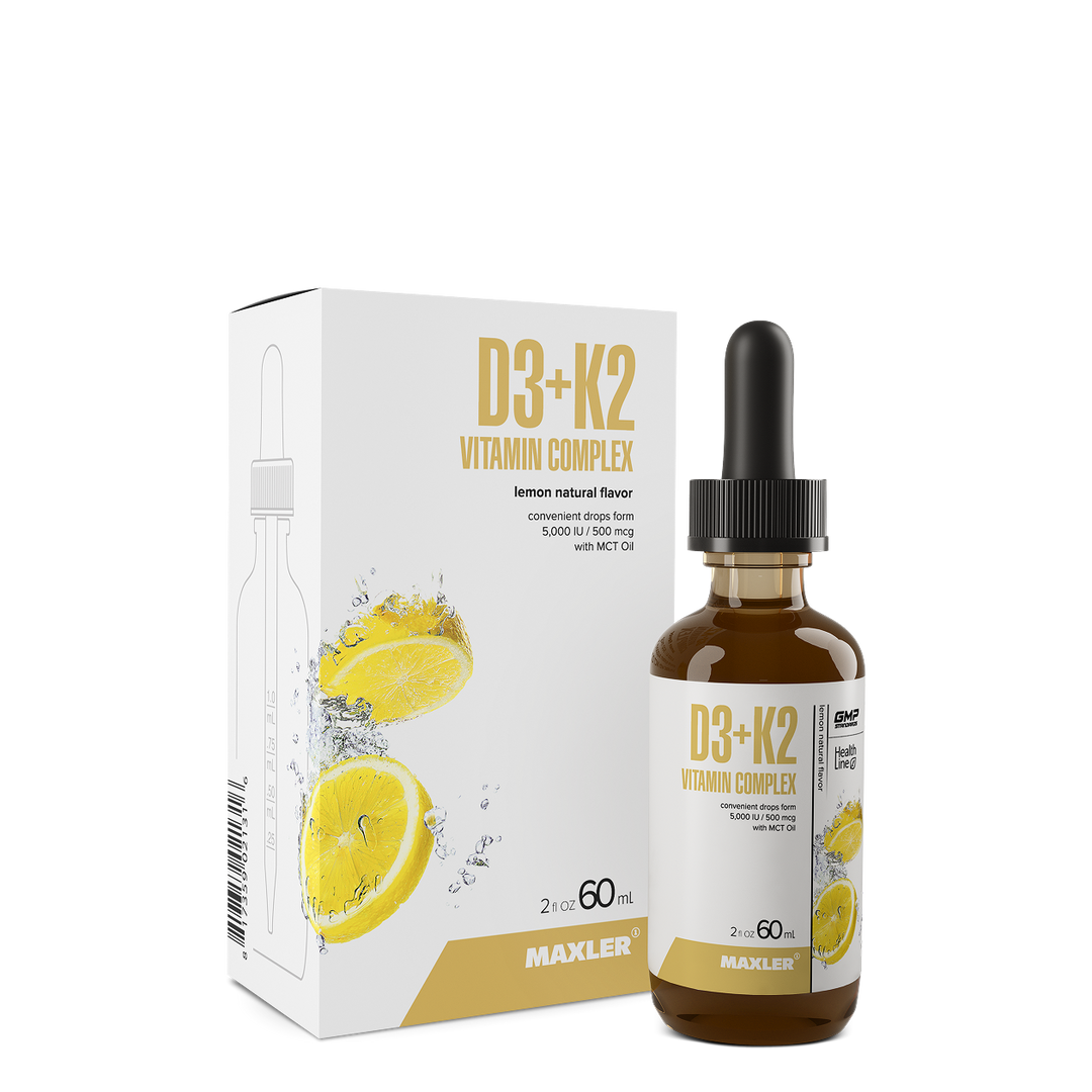 Maxler D3+K2 Vitamin Complex bottle and packaging on a white background