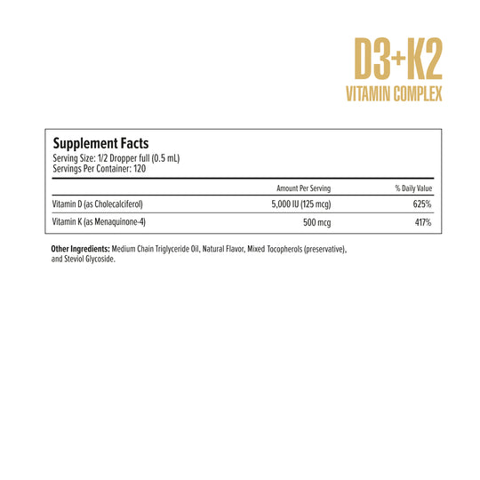 Vitamin D3 and K2 supplement label with serving size and nutritional information.