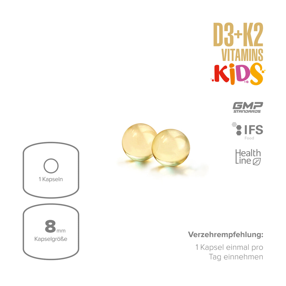 Maxler D3+K2 Vitamins Kids – softgel capsule size 8mm, 1 capsule daily dose, GMP & IFS certified, for children's bone health and immunity