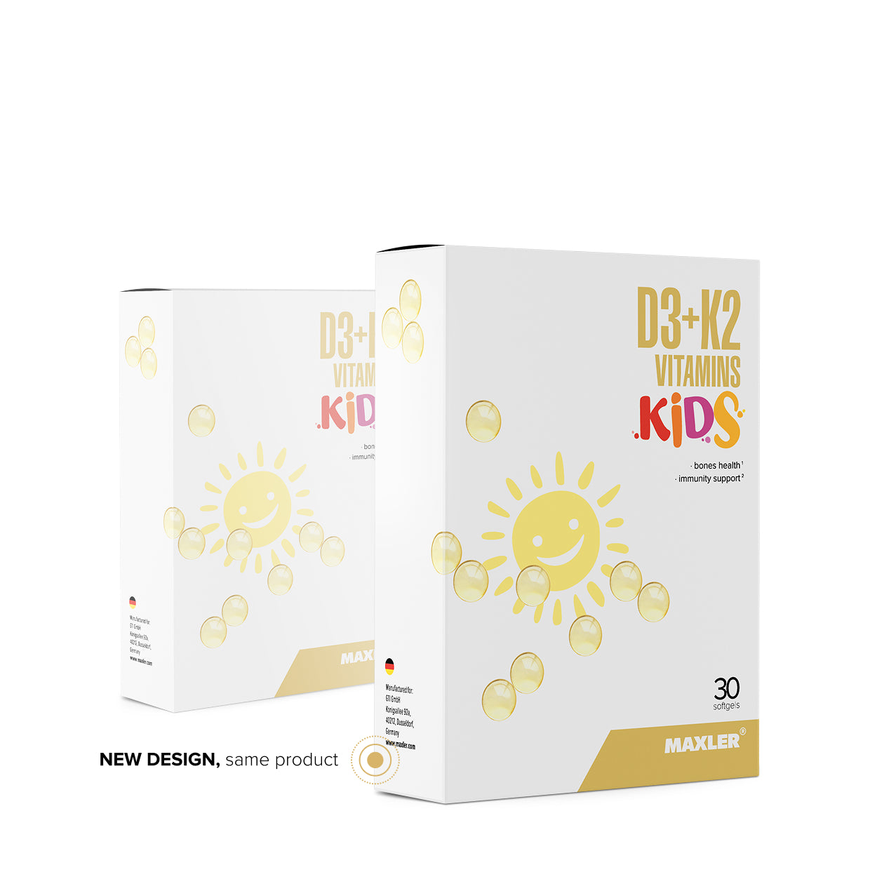 Maxler D3+K2 Vitamins Kids – softgel capsules for children's bone health and immunity support, 30 capsules, new packaging design