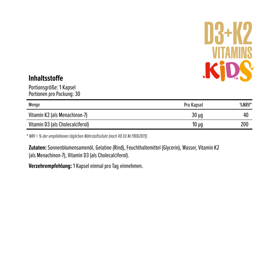 Maxler D3+K2 Vitamins Kids – nutrition facts: Vitamin K2 (MK-7) 30mcg + Vitamin D3 10mcg per softgel capsule, 30 servings, GMP certified