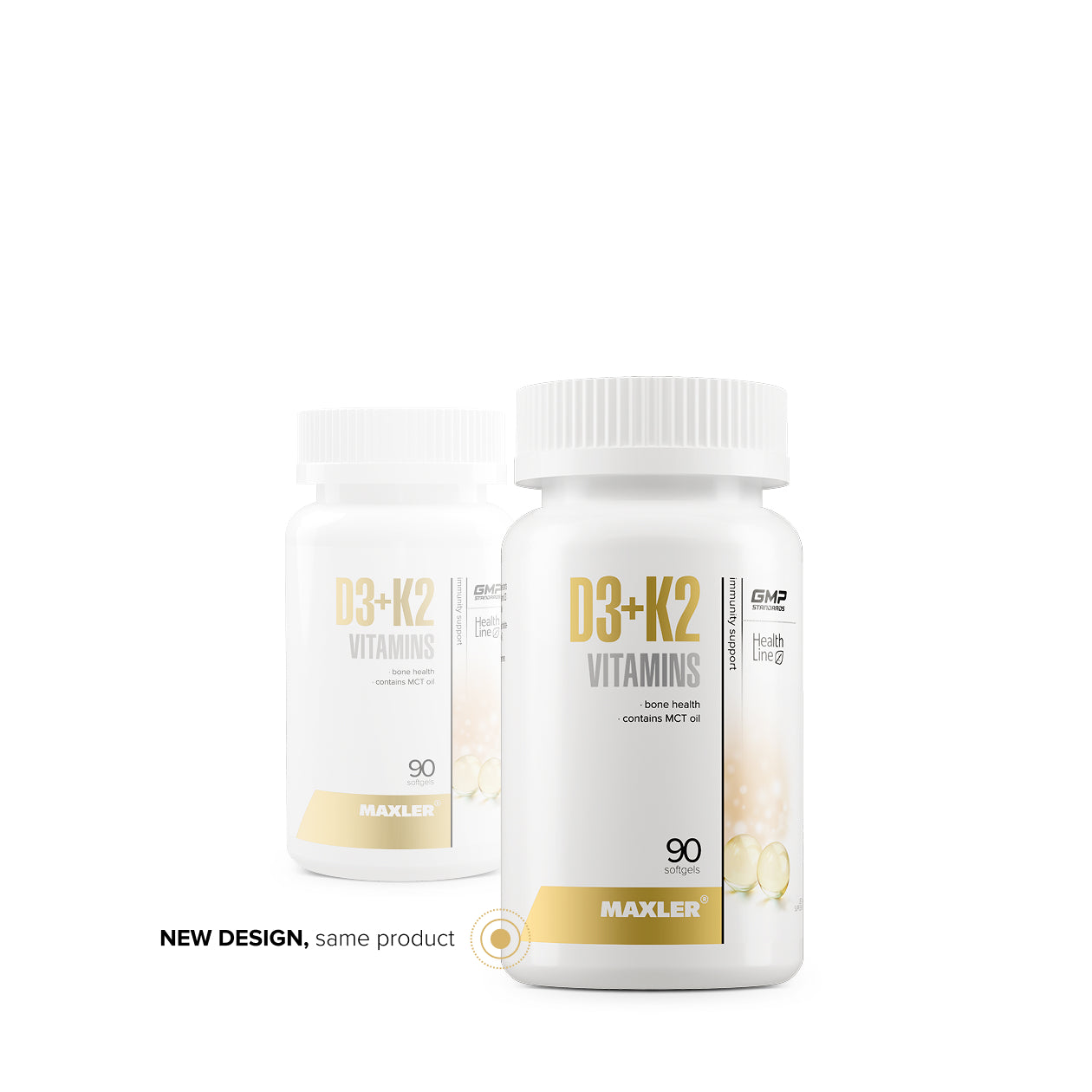Maxler D3+K2 Vitamins – new packaging design, 90 softgel capsules, bone health and immunity support, GMP & IFS certified