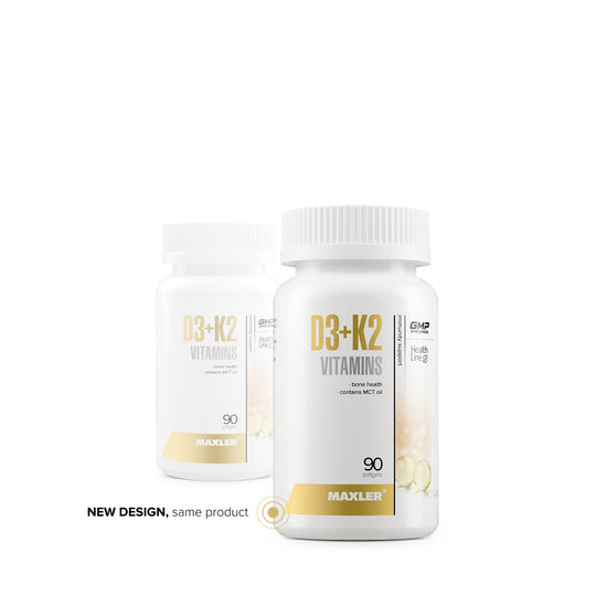 Maxler D3+K2 Vitamins – new packaging design, 90 softgel capsules, bone health and immunity support, GMP & IFS certified
