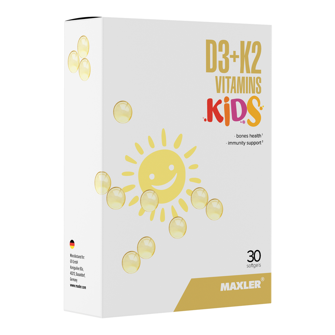 Maxler D3+K2 Vitamins Kids – 30 softgel capsules for children's bone health and immunity support, made in Germany