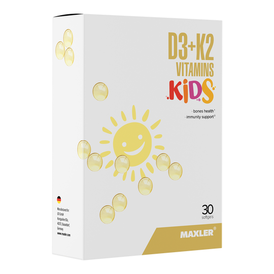 Maxler D3+K2 Vitamins Kids – 30 softgel capsules for children's bone health and immunity support, made in Germany
