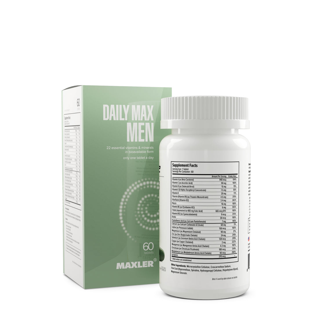 Maxler Daily Max Men supplement bottle and packaging on a white background