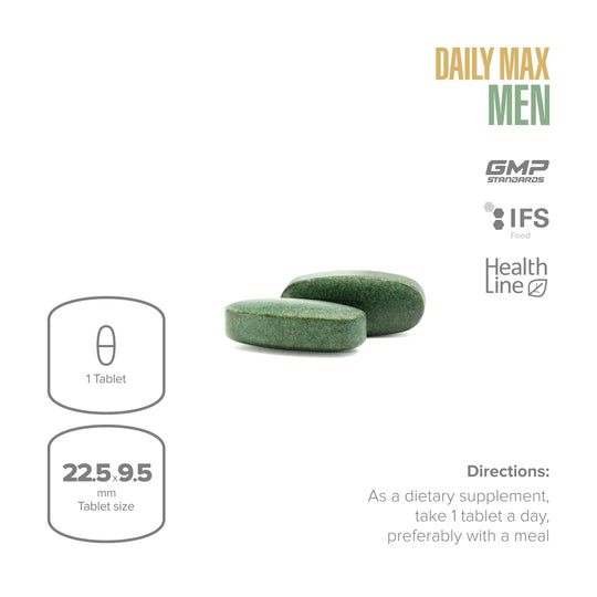 Green dietary supplement tablets with product details on a white background