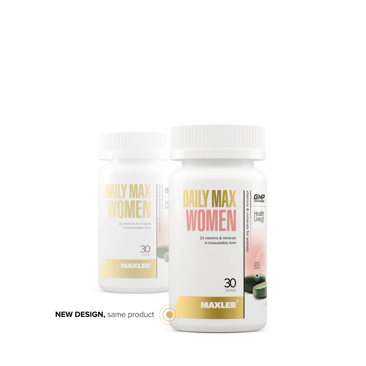 Two bottles of Maxler Daily Max Women vitamins on a white background