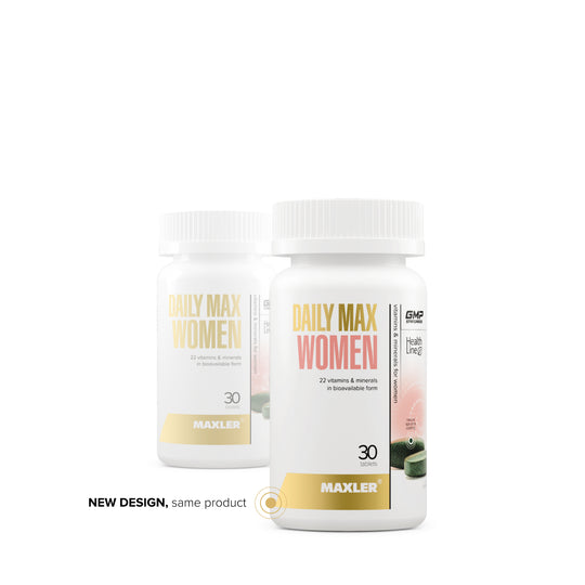 Two bottles of Maxler Daily Max Women vitamins on a white background