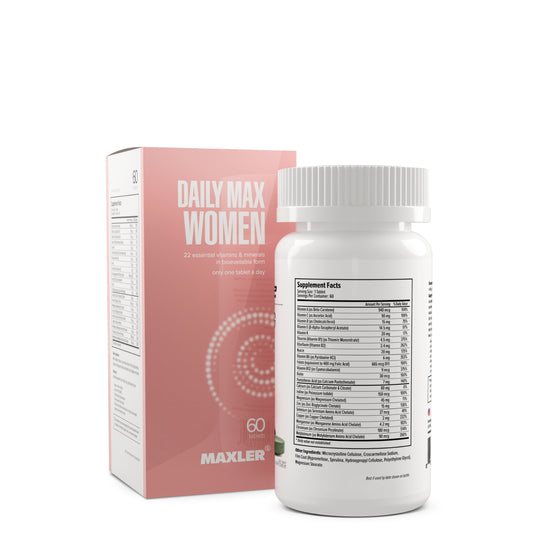 Maxler Daily Max Women supplement bottle and packaging on a white background