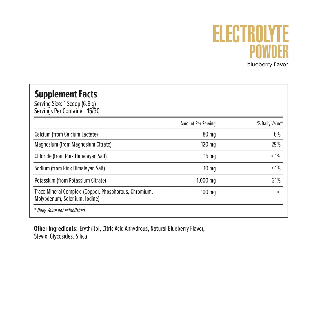 Electrolyte powder supplement facts label with blueberry flavor on a white background