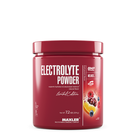 Red container of Maxler Electrolyte Powder on a white background